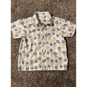 Hanna Andersson 4T Button Up Shirt Circles Wheels Beige Colorful 100% Cotton